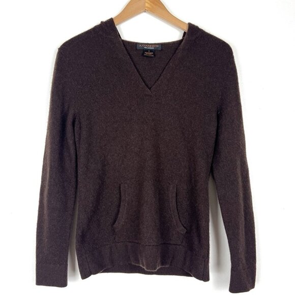 VTG A. Giannetti Cashmere Hoodie Sweater sz S Brown V-Neck Pocket Y2K Lounge - Picture 1 of 7
